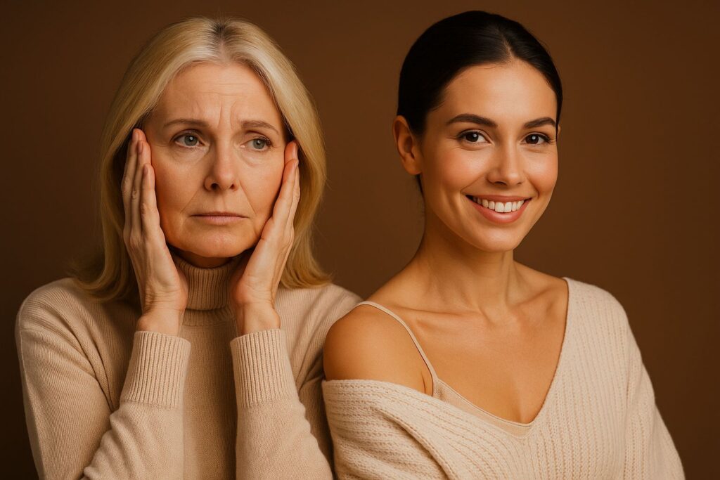 Frau Mitte 40 mit sanftem Lächeln symbolisiert den Unterschied zwischen Minilift und Facelift – ästhetische Gesichtschirurgie in Düsseldorf.