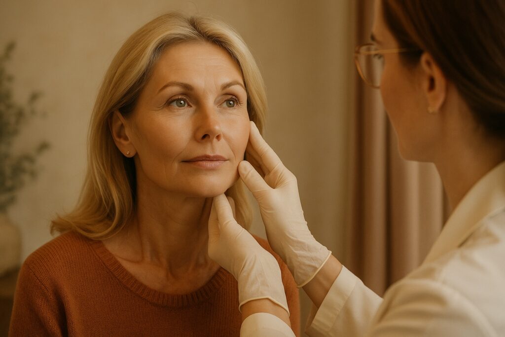Frau mit ruhiger Mimik als Beispiel für natürlich wirkendes Facelift