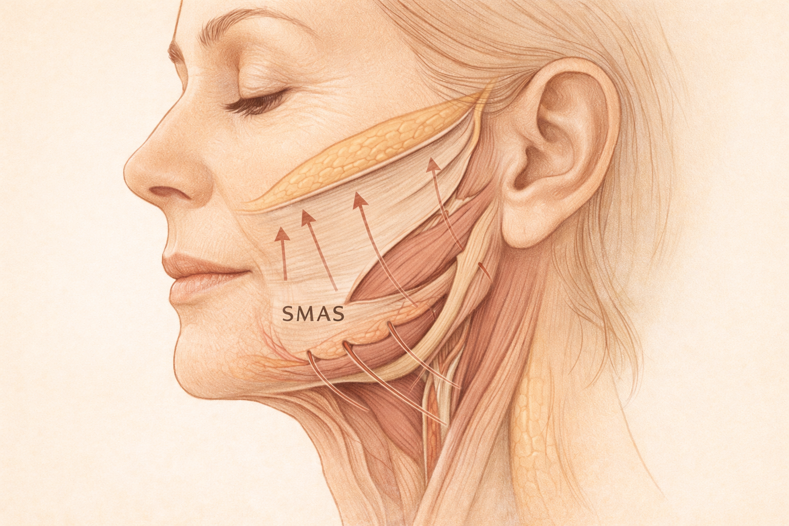 SMAS-Ebene und Zugvektoren beim Facelift – anatomische Darstellung