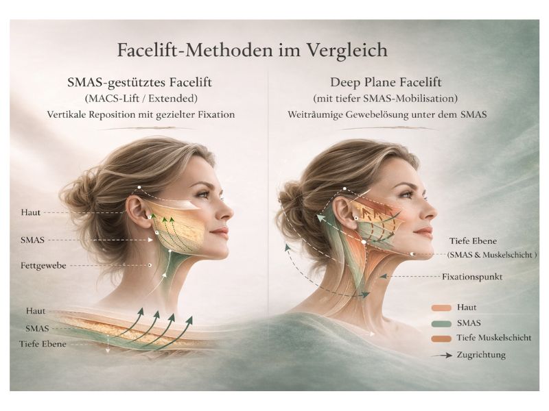 Vergleich von SMAS-gestütztem Facelift (MACS-Lift Extended) und Deep-Plane-Facelift bei Facelift Düsseldorf.