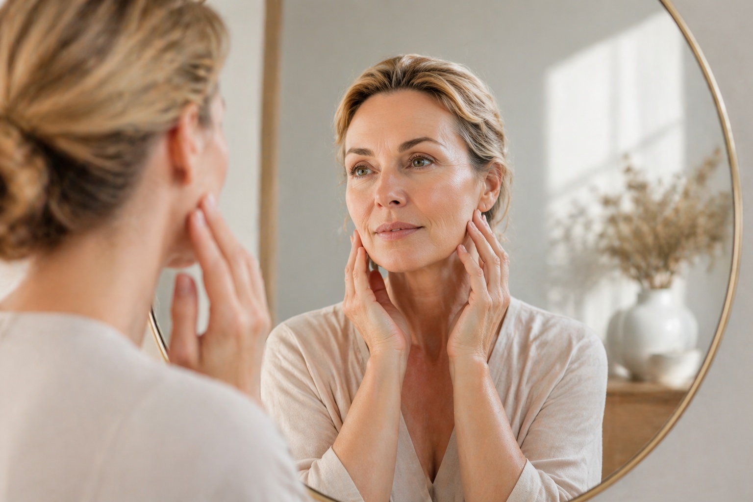 Frau betrachtet ihr Gesicht im Spiegel und überlegt, welches Facelift zu ihr passt