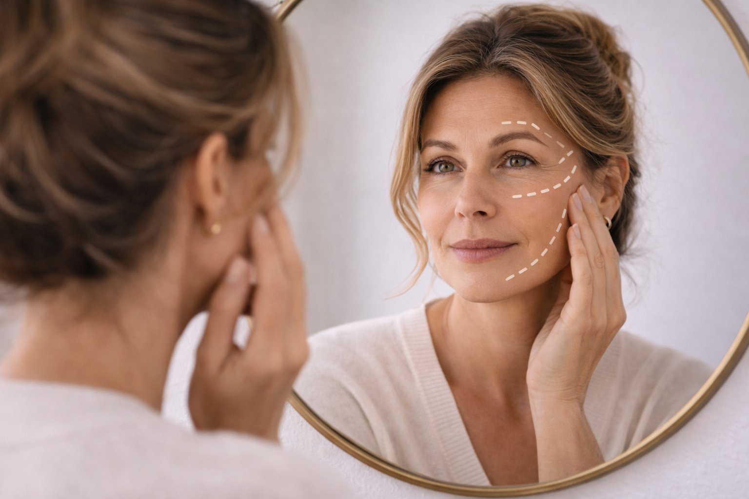 Frau blickt ruhig in den Spiegel – Facelift Erfahrungen in Düsseldorf