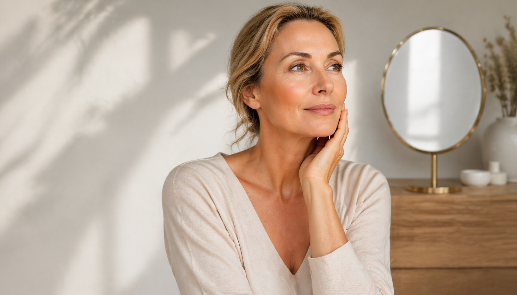Natürliche Frau betrachtet ihr Gesicht im Spiegel – Entscheidung für das passende Facelift