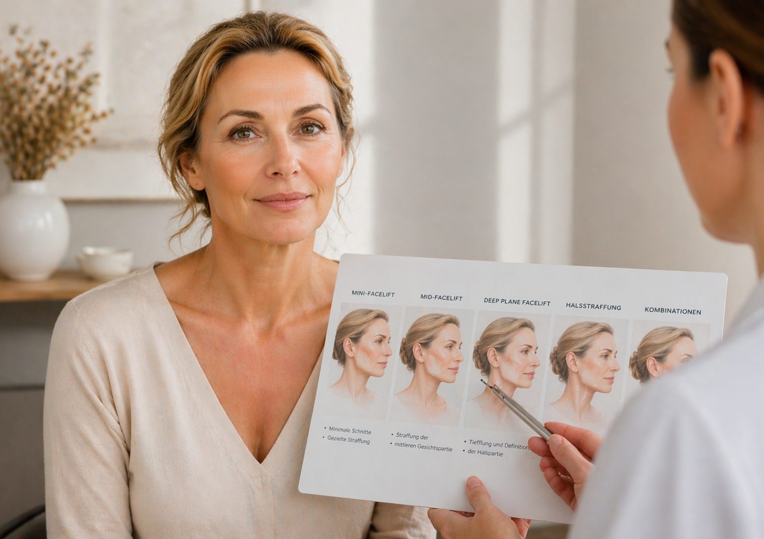 facelift-beratung-methoden Patientin im Beratungsgespräch über verschiedene Facelift-Methoden